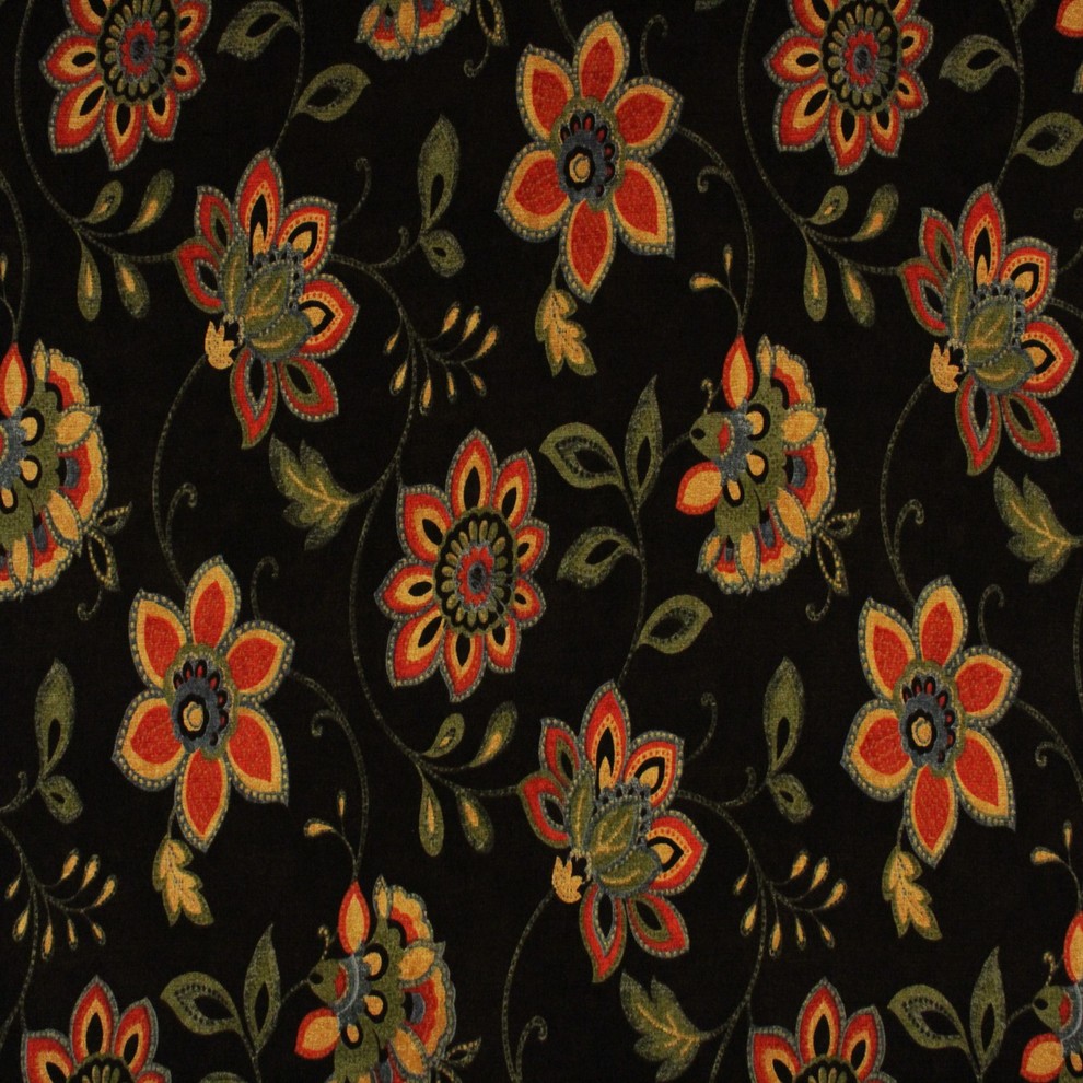 Noir Black Floral Print Upholstery Fabric Contemporary Upholstery