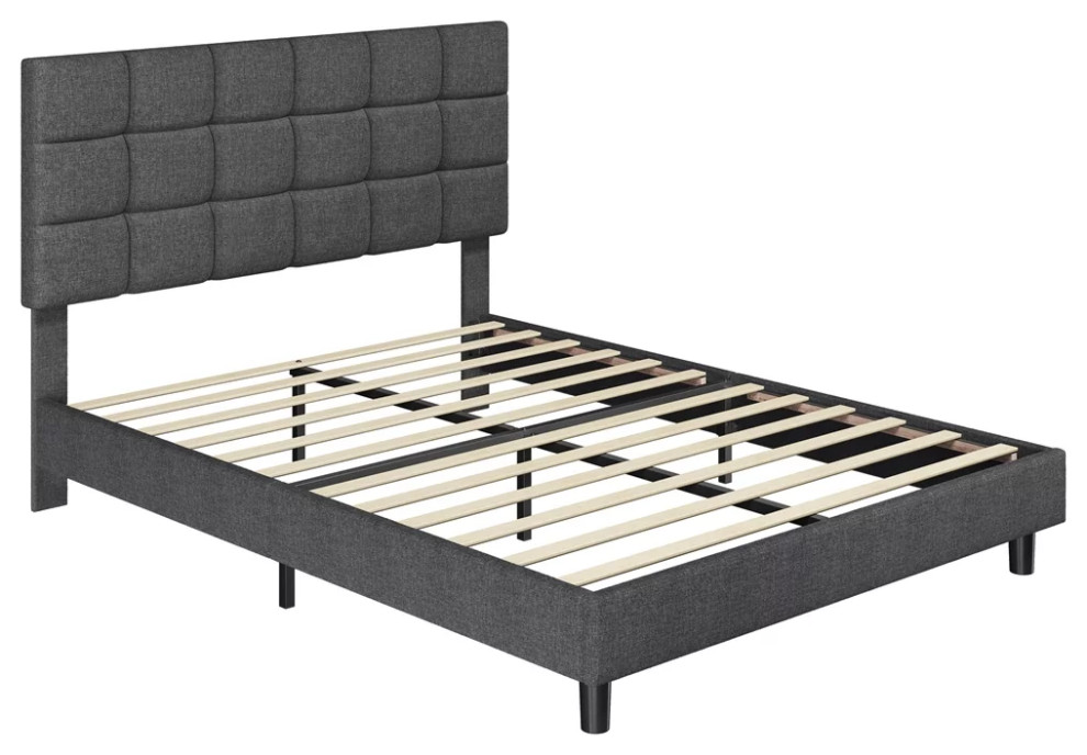 Modern Platform Bed, Wooden Slats & Grid Tufted Dark Gray Linen