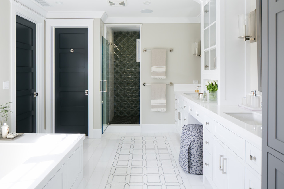 Inspiration for a transitional master bathroom in Orange County with an undermount sink, shaker cabinets, white cabinets, an undermount tub, an alcove shower and grey walls.