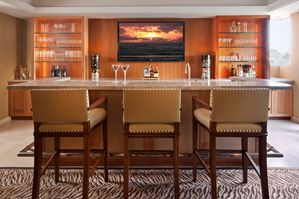 Large contemporary galley seated home bar in Los Angeles with shaker cabinets and medium wood cabinets.