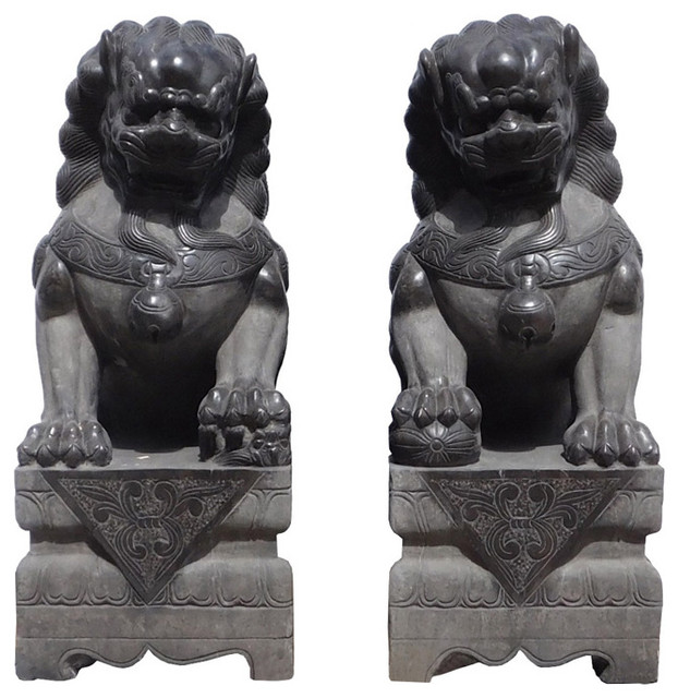 Pair Chinese Gray Black Stone Foo Dog Feng Shui Statue Hcs1313 Asian