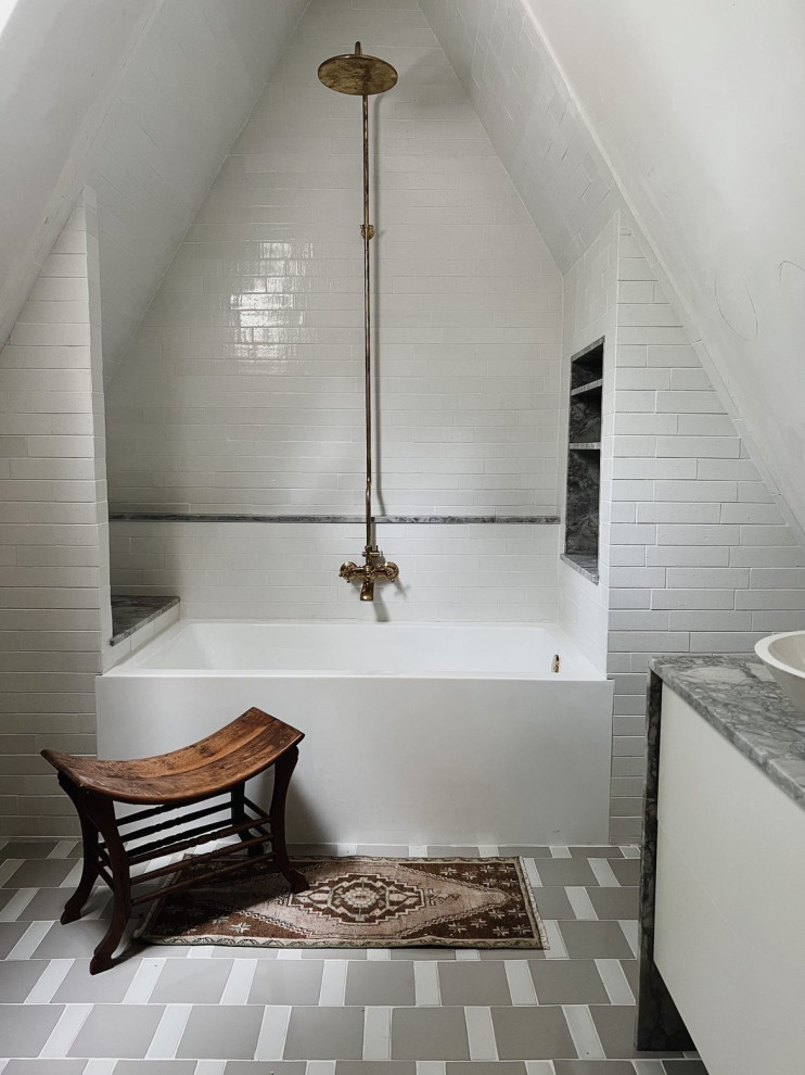 Bathroom - small contemporary ceramic tile and multicolored floor bathroom idea in Houston