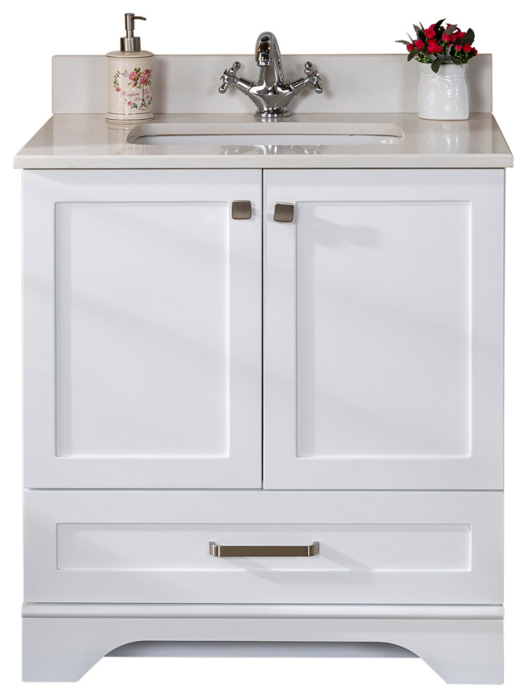 Livia Collection 30" Bath Vanity Quartz Top and Ceramic Sink, White, 30", 30" - Transitional ...