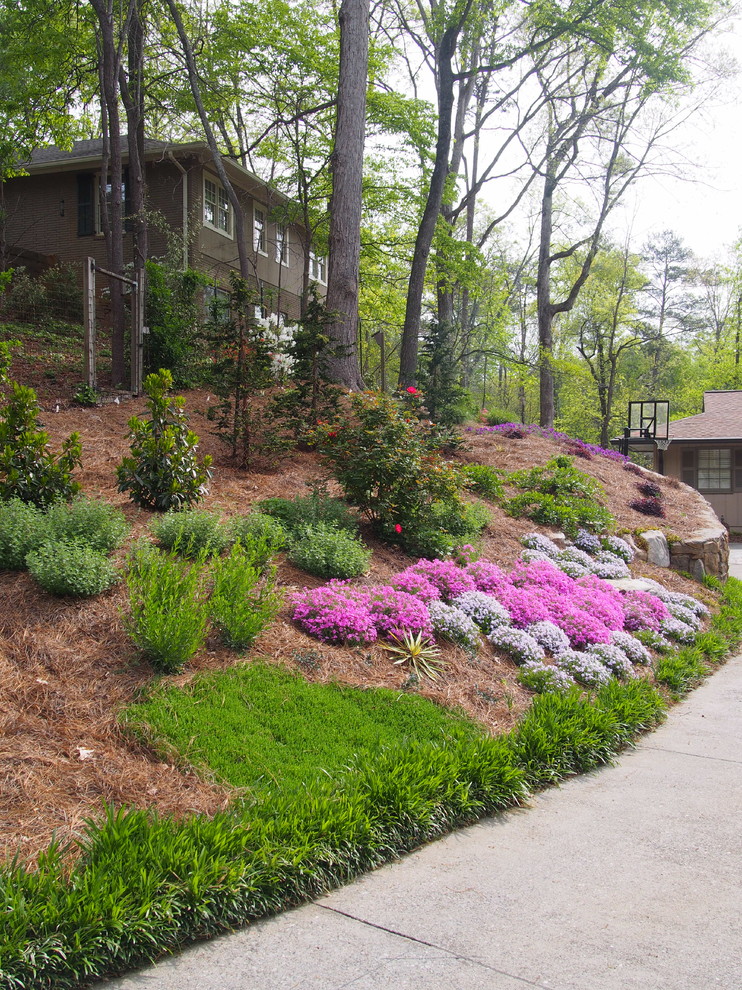 This is an example of a mid-sized traditional sloped full sun formal garden for spring in Atlanta with mulch.