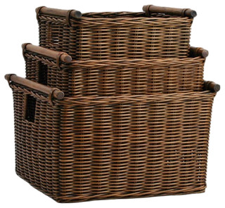 Deep Pole Handle Wicker Storage Basket, Antique Walnut Brown, Extra Large