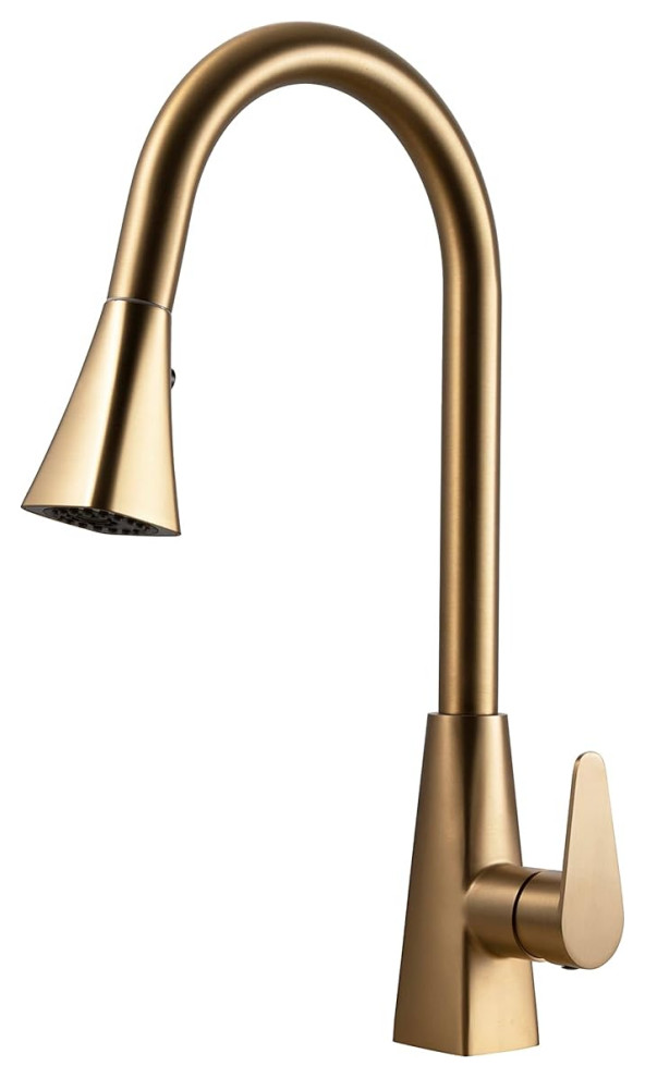 Modern Kitchen Faucet, One Handle & Geometric Pull Down Sprayer, Brushed Brass