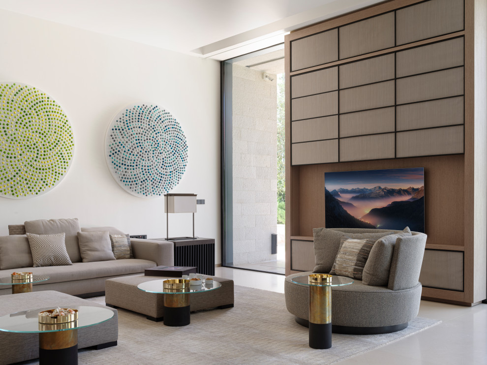 Inspiration for an expansive contemporary formal open concept living room in London with white walls, limestone floors, a two-sided fireplace, a metal fireplace surround, a concealed tv, beige floor and coffered.