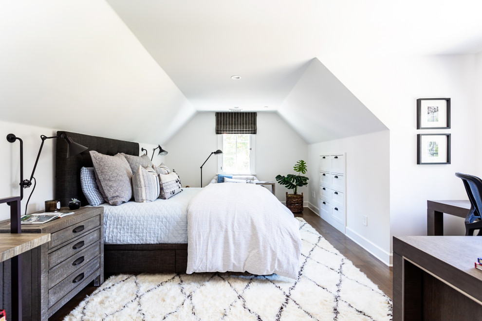 This is an example of a mid-sized country master bedroom in Los Angeles with white walls, dark hardwood floors, brown floor and no fireplace.