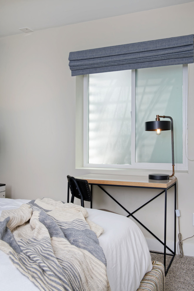 Идея дизайна: хозяйская спальня среднего размера в современном стиле с белыми стенами, ковровым покрытием и серым полом без камина