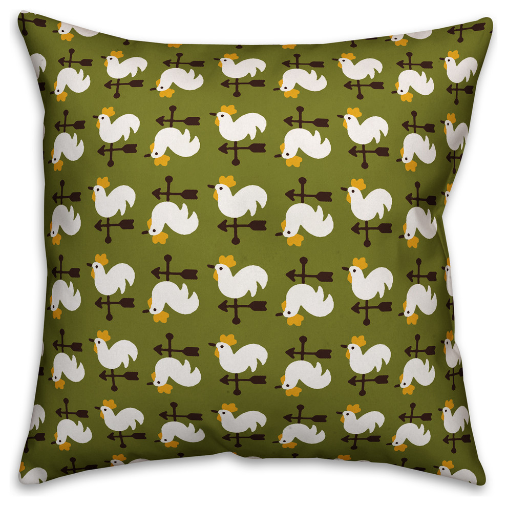 Green Rooster Pattern Outdoor Throw Pillow, 18"x18" Farmhouse