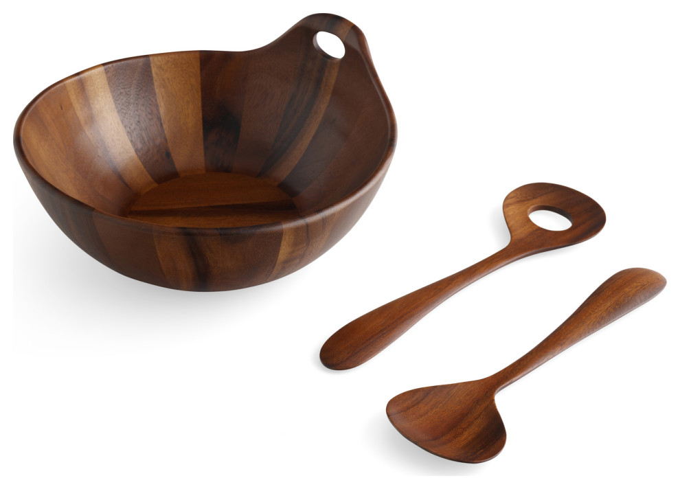 Nambe Portables Wood Salad Bowl with Servers 3 Piece Set Contemporary
