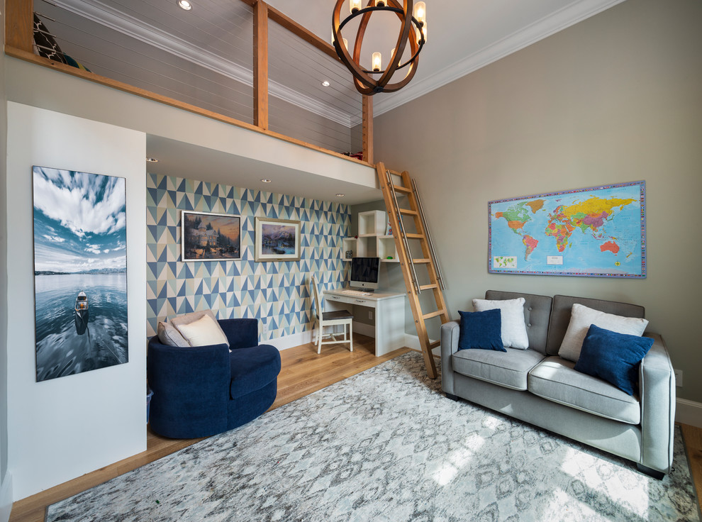 This is an example of a mid-sized beach style gender-neutral kids' room in Vancouver with grey walls, light hardwood floors and beige floor.