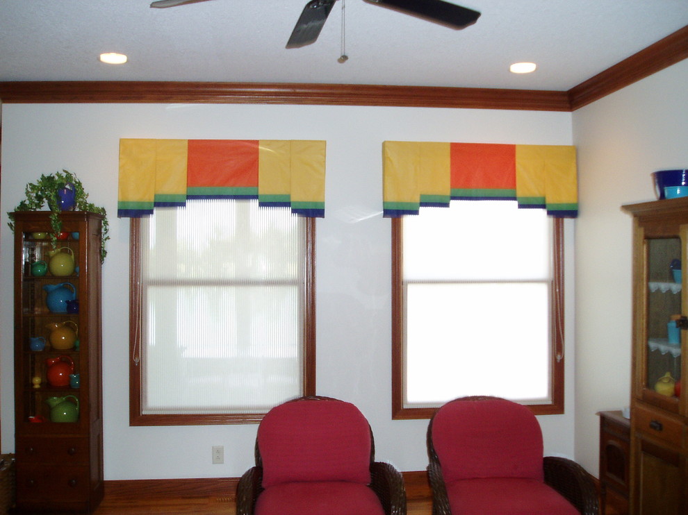 Curtain Window Valances Over Solar Roller Shades In Living Room
