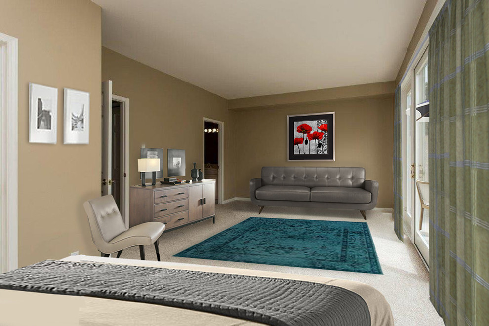Photo of a large modern master bedroom in Denver with carpet.