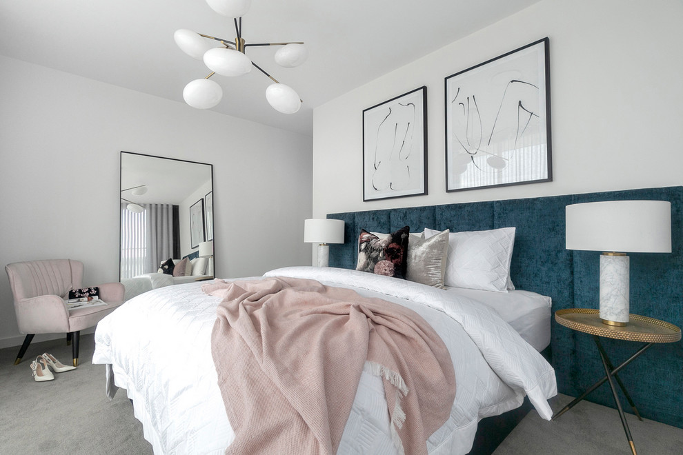 Inspiration for a contemporary bedroom in Sydney with white walls, carpet and grey floor.