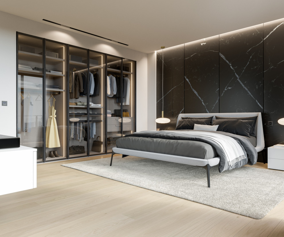 Inspiration för stora moderna sovloft, med vita väggar, ljust trägolv och beiget golv
