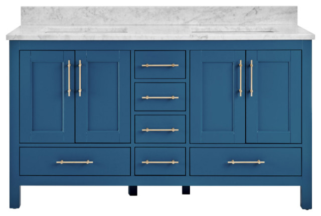 Kendall Blue Bathroom Vanity, 60", Vanity With Carrara Marble Top