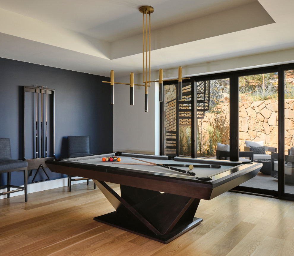 Inspiration for a large contemporary walk-out basement in Denver with a game room, blue walls, light hardwood flooring, beige floors and a drop ceiling.