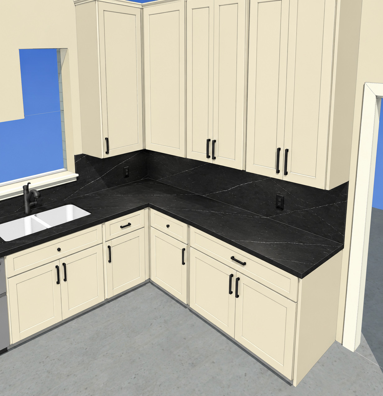 Custom Transitional Kitchen with Cream Shaker Cabinets & Black Countertops