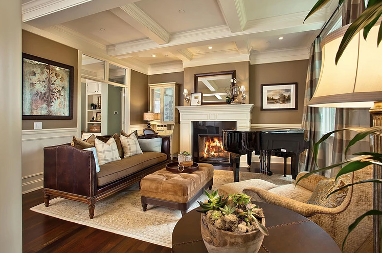 Photo of a mid-sized transitional open concept living room in Seattle with a music area, brown walls, dark hardwood floors, a standard fireplace, a tile fireplace surround and brown floor.