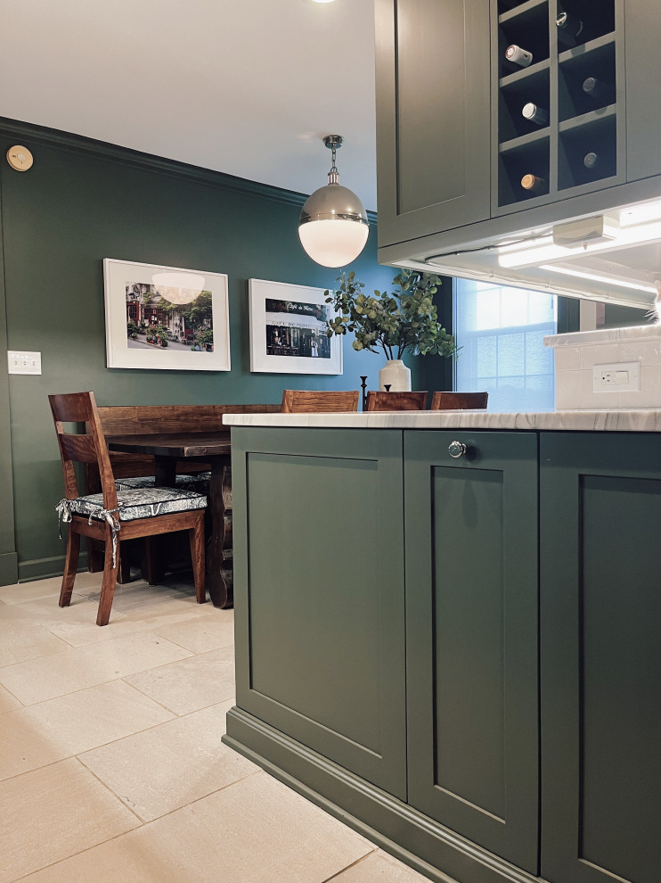 Enclosed kitchen - mid-sized transitional l-shaped marble floor and beige floor enclosed kitchen idea with an undermount sink, shaker cabinets, green cabinets, quartzite countertops, white backsplash, ceramic backsplash, stainless steel appliances, a peninsula and gray countertops