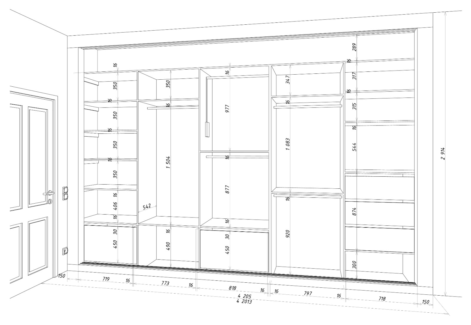 Спальня большая шкаф встроенный эскиз