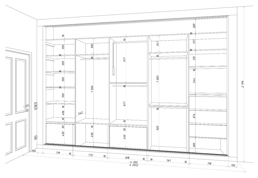 Спальня большая шкаф встроенный эскиз