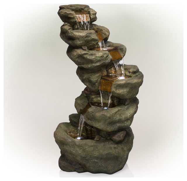 Alpine 6-Tier Waterfall Fountain With LED Light, 48"Tall