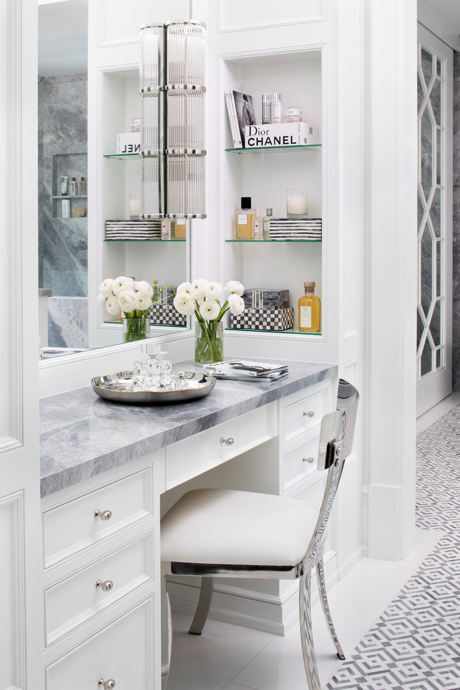 This is an example of a beach style master bathroom in Miami with recessed-panel cabinets, white cabinets, white walls, marble benchtops, multi-coloured floor and multi-coloured benchtops.