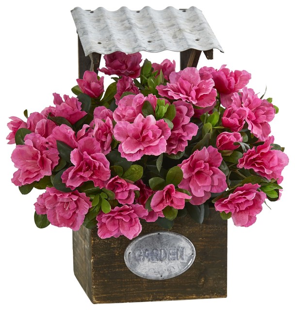 Decorative Natural Looking Artificial Pink Azalea Metal Planter Silk Faux Plants