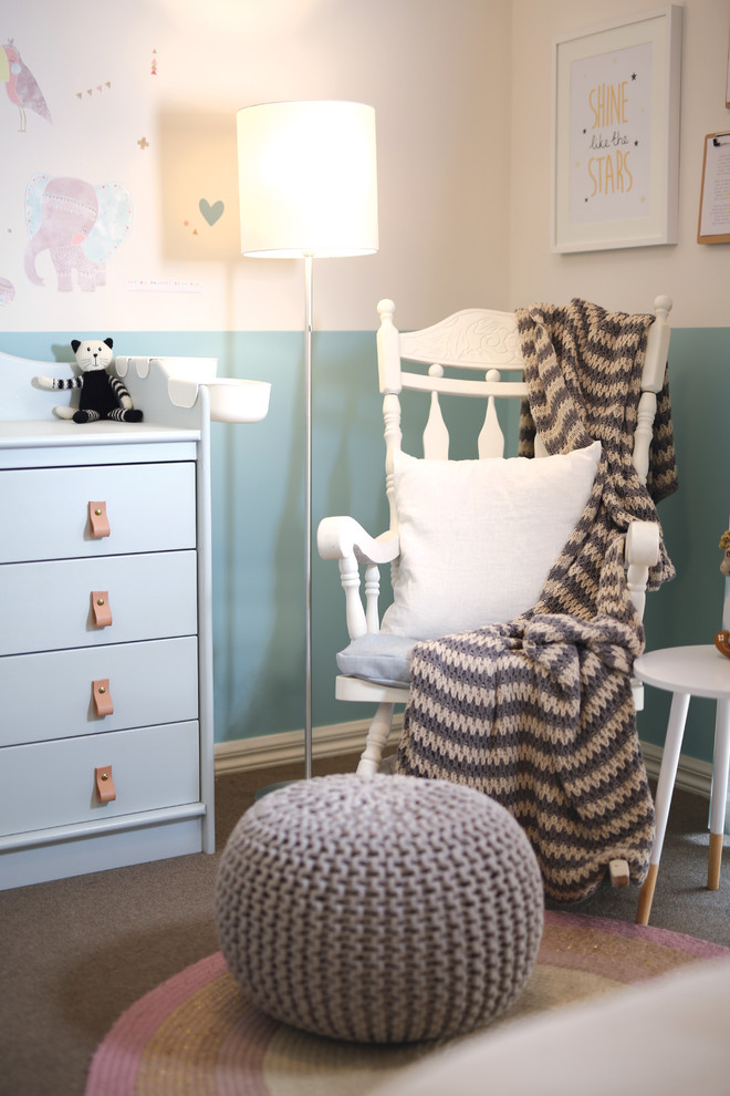Design ideas for a small contemporary gender-neutral nursery in Adelaide with multi-coloured walls and carpet.