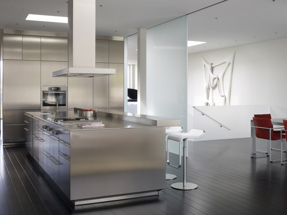 This is an example of a contemporary kitchen in San Francisco with stainless steel benchtops, stainless steel cabinets, flat-panel cabinets and stainless steel appliances.