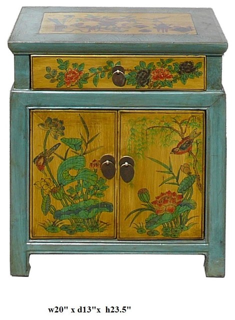 Chinese Blue & Yellow End Table w Flower Birds Graphic