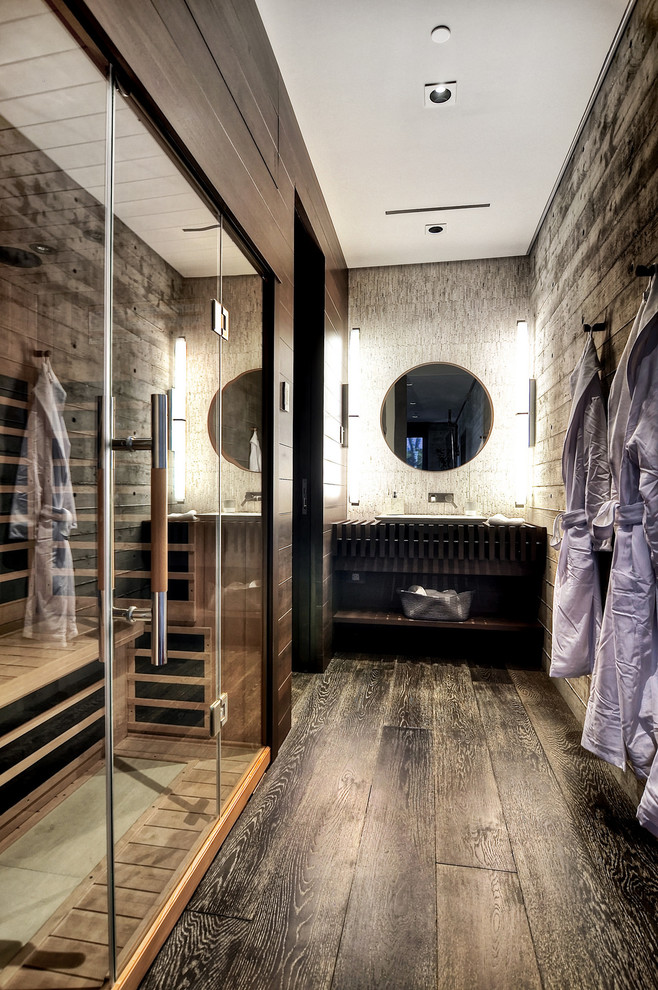 Inspiration for a large contemporary bathroom in Orange County with open cabinets, dark wood cabinets, wood benchtops, dark hardwood floors, grey walls and with a sauna.