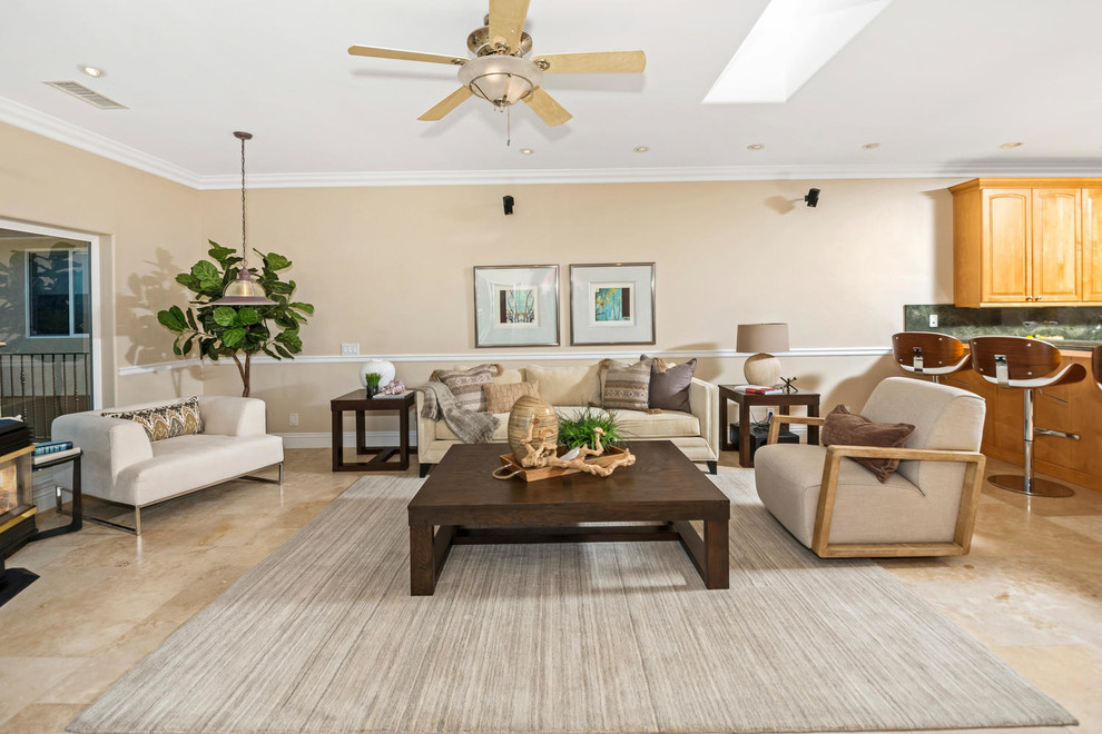 Mid-sized transitional open concept family room in San Diego with porcelain floors and beige floor.