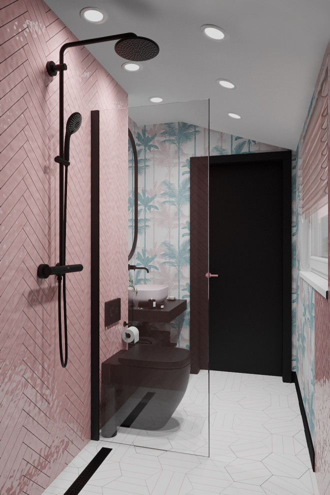 Esempio di una stanza da bagno padronale moderna di medie dimensioni con zona vasca/doccia separata, piastrelle rosa, piastrelle in ceramica, pavimento bianco, top nero, un lavabo, mobile bagno sospeso e carta da parati