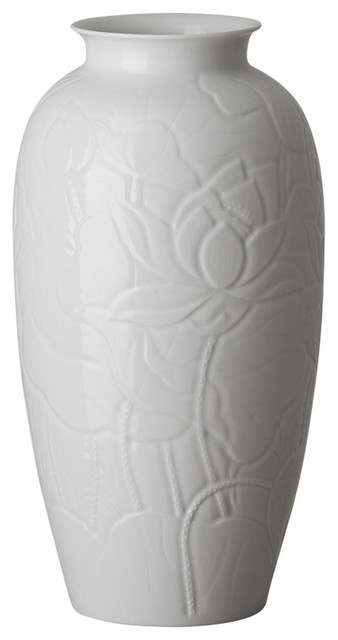 Lotus Engraved Vase, White 9X17"H