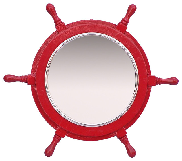 Pirate Ship Steering Wheel Mirror, Red Wood and Chrome