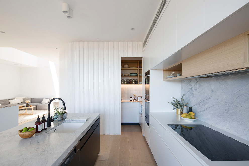 Design ideas for a large contemporary galley open plan kitchen in Sydney with with island and flat-panel cabinets.