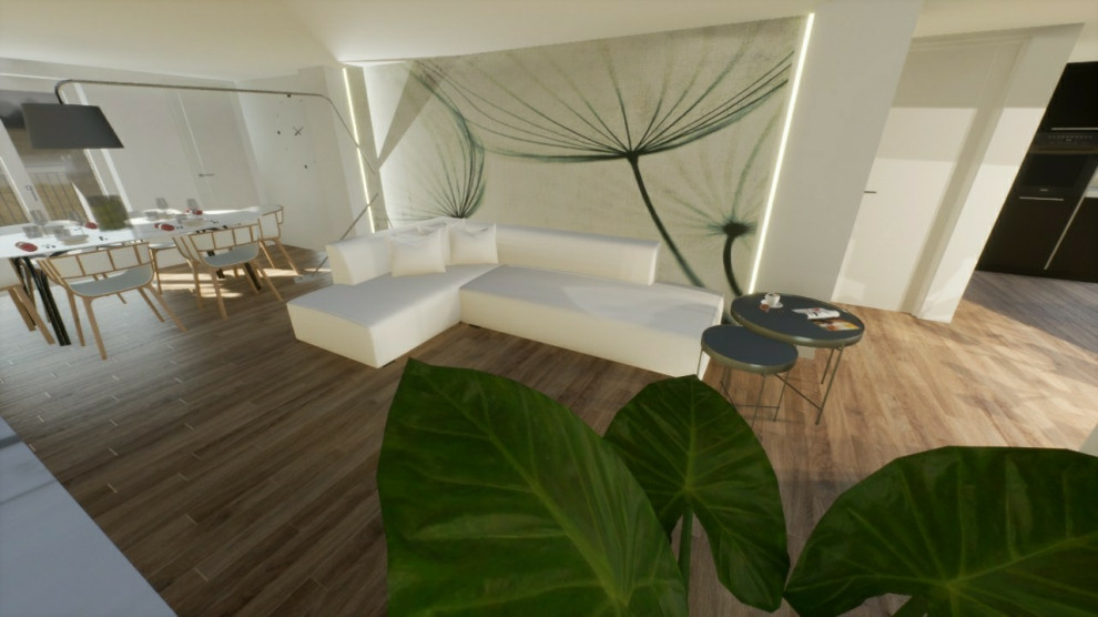 Offenes Modernes Wohnzimmer mit weißer Wandfarbe, hellem Holzboden, Multimediawand und Tapetenwänden in Catania-Palermo