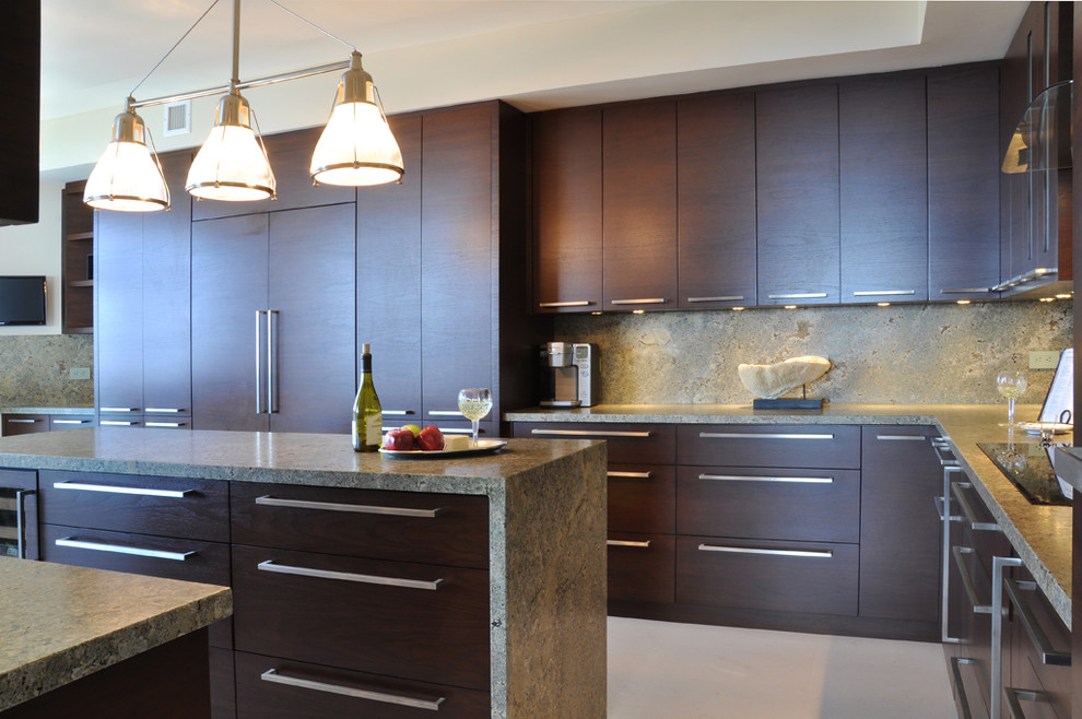 Design ideas for a mid-sized contemporary u-shaped separate kitchen in Miami with flat-panel cabinets, brown cabinets, marble benchtops, grey splashback, stone slab splashback, stainless steel appliances and with island.