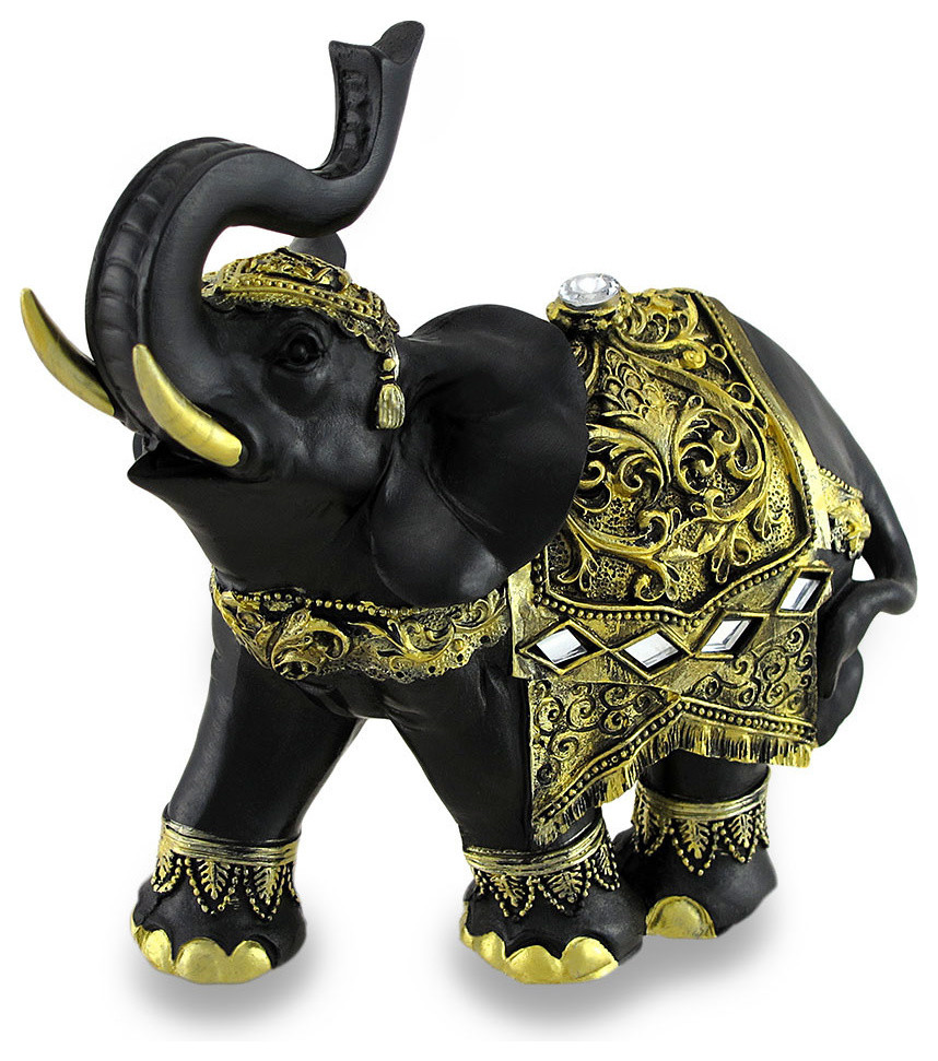 Exotic Black and Gold Finish Trunk Up Thai Elephant Statue Holiday
