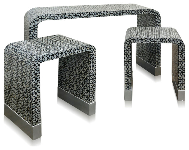 Nested Waterfall Tables Set of 3 Blue, Gray Mother of Pearl Mosaic