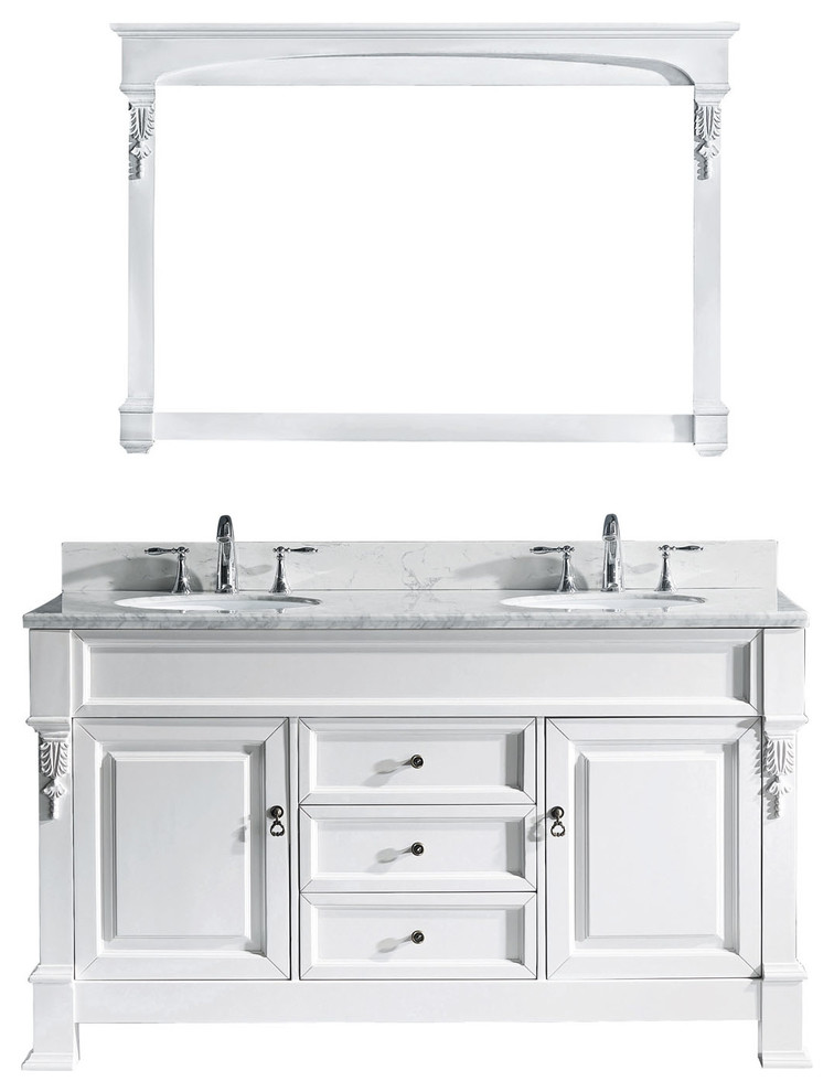 Virtu Huntshire 60" Double Bathroom Vanity, White With Marble Top, With Mirror