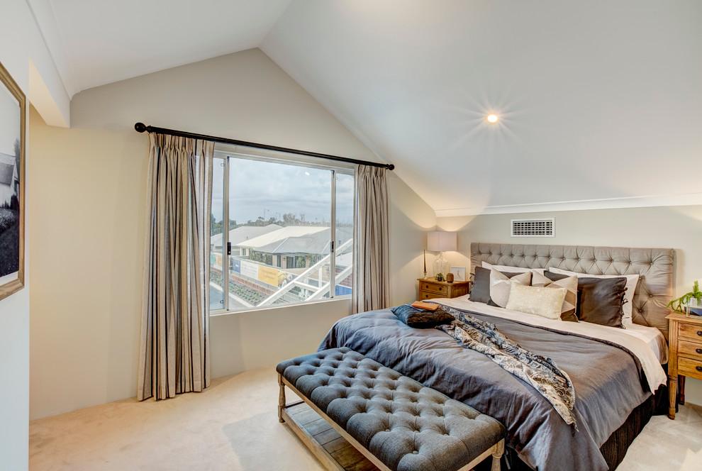 Design ideas for a mid-sized traditional master bedroom in Perth with white walls, carpet and no fireplace.