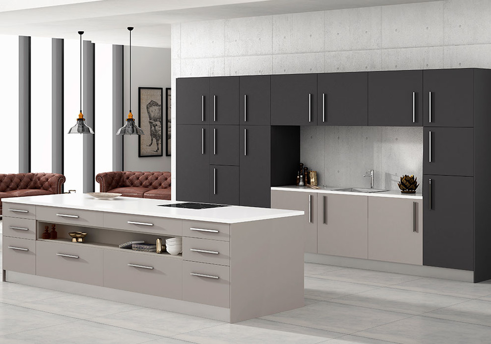 Example of a minimalist single-wall concrete floor and gray floor eat-in kitchen design with an undermount sink, flat-panel cabinets, medium tone wood cabinets, quartzite countertops, stainless steel appliances and an island