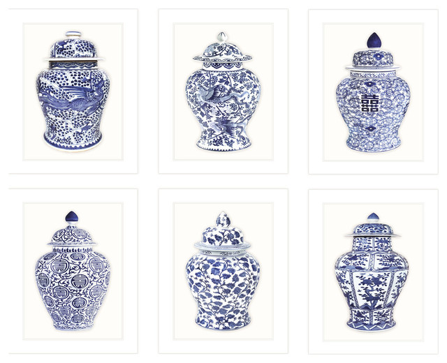 6 Piece Chinoiserie Blue And White Ginger Jar Prints On Watercolor Paper Asian Prints And Posters By Paper Words Houzz