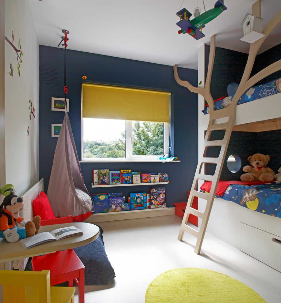 Design ideas for a contemporary gender-neutral kids' bedroom in Dublin with white floor and multi-coloured walls.