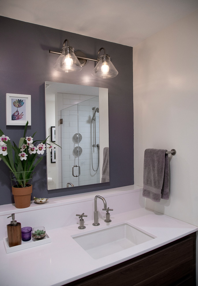 Bathroom - large master white tile and ceramic tile cement tile floor, brown floor and double-sink bathroom idea in DC Metro with flat-panel cabinets, medium tone wood cabinets, a two-piece toilet, purple walls, an undermount sink, solid surface countertops, a hinged shower door, white countertops and a floating vanity