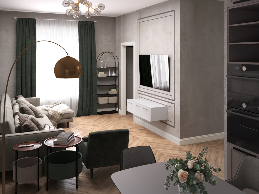 Визуализация кухни-гостиной и спальни в коттедже